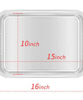 Top view of 15 Inch Stainless Steel Roasting Pan With Cooling Rack For Juicy Turkey Chicken And Ham Roaster dimensions shown in red.