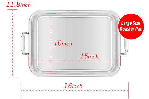 Top view of 15 Inch Stainless Steel Roasting Pan With Cooling Rack For Juicy Turkey Chicken And Ham Roaster dimensions shown in red.