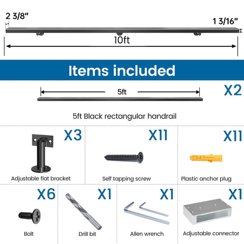 Bulletproof Stainless Steel Stair Handrail Ten Foot Wall Mount components including brackets, screws, and connectors for installation.