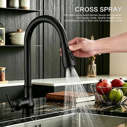 Kitchen Faucet with Pull Down Sprayer, black faucet with 23" sprayer in hand, ideal for farmhouse or RV kitchen sinks.