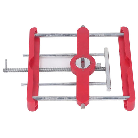Heavy Duty Self Centering Dowel Jig Built From Premium Abs And Tough Steel Rings For Dead On Mortise Alignment With Zero Fuss On Any Job, top view showing red ABS frame and steel rails.