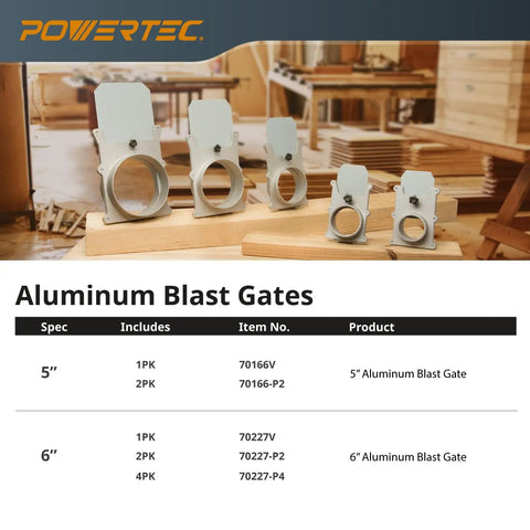 Badass 5 Inch Aluminum Blast Gate Flat Out Built For Heavy Shop Dust Collection Systems With Smooth Slide Valve and Smart Anti Clog Airflow Control Plus Hella Durability displayed in a workshop setting.