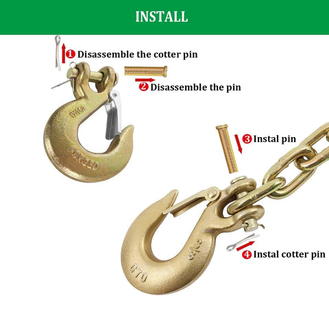 Installation steps for 2 Pack 3/8 Inch Slip Hook With Safety Latch, G70 Forged Steel Tow Chain Hook, 18,000 Lbs Capacity