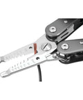 Close-up of 13-In-1 Electrician Multi-Tool for Wiring Projects with Wire Strippers, Long Nose Pliers, Cutters, stainless steel handles