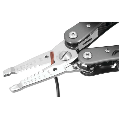 Close-up of 13-In-1 Electrician Multi-Tool for Wiring Projects with Wire Strippers, Long Nose Pliers, Cutters, stainless steel handles