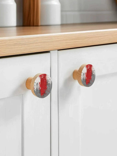 Slick 2 Pack Round Cabinet Knobs 1.4 Inch Solid Beech Wood Drawer Pulls Featuring Dope Red And Grey Graffiti Abstract Painting Vibe on kitchen cabinets.