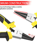 Close-up of Four Piece Heavy Duty Snap Ring Pliers Set Seven Inch Internal And External Circlip Pliers Kit, straight and bent jaws.
