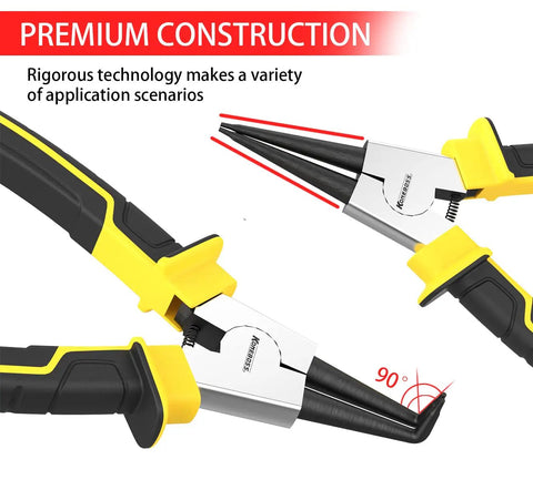 Close-up of Four Piece Heavy Duty Snap Ring Pliers Set Seven Inch Internal And External Circlip Pliers Kit, straight and bent jaws.