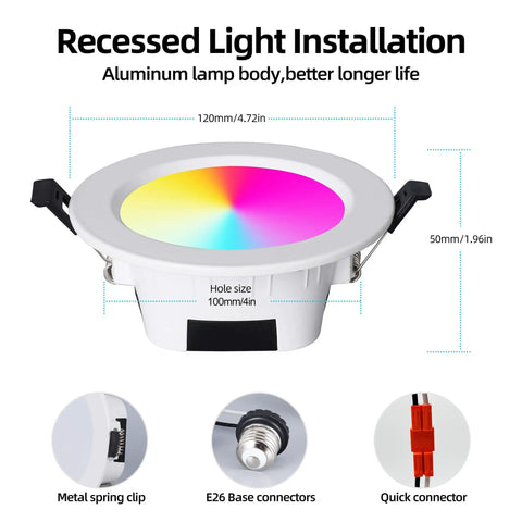 GIDEALED 4 Pack Smart Recessed Lighting 4 inch with aluminum body, showing installation details and color changing light.
