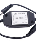 2 Pack DC 12V To 24V Rotary PWM Dimmer Switch For LED Strip Lights with input and output connectors visible.