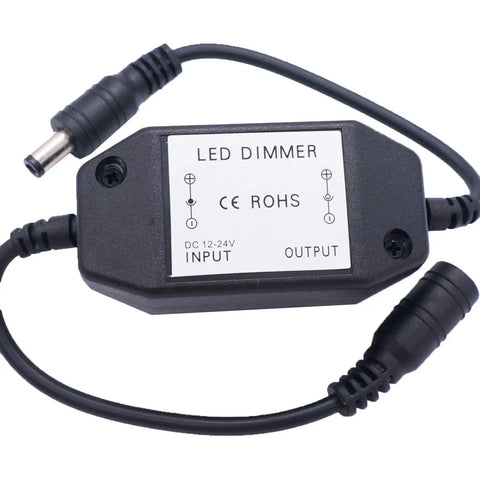 2 Pack DC 12V To 24V Rotary PWM Dimmer Switch For LED Strip Lights with input and output connectors visible.