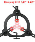 Front view of black woodturning steady rest with three red wheel jaws for 12, 14, 16 inch lathe swing