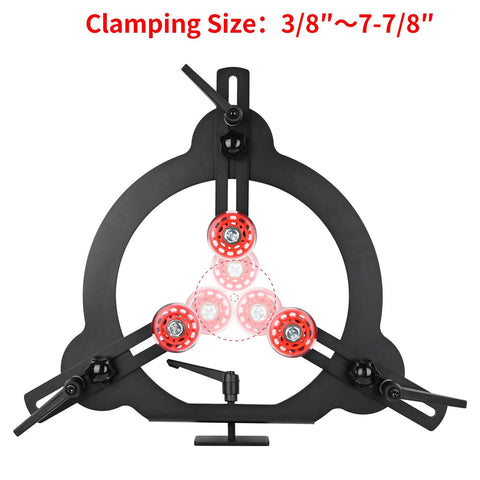 Front view of black woodturning steady rest with three red wheel jaws for 12, 14, 16 inch lathe swing