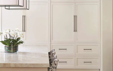 Oil Rubbed Bronze Appliance Pull 18 Inch Center To Center on white paneled cabinets in modern kitchen