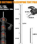 Tarp Poles Set Of 4 8.37 Ft Telescoping Aluminum Poles With Non Slip Cone Bottom shown in three sections with measurements.