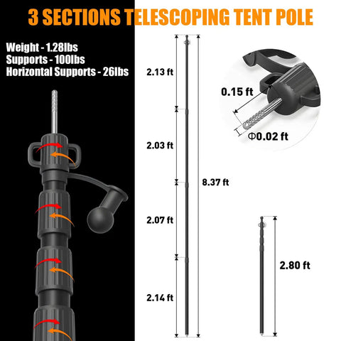 Tarp Poles Set Of 4 8.37 Ft Telescoping Aluminum Poles With Non Slip Cone Bottom shown in three sections with measurements.