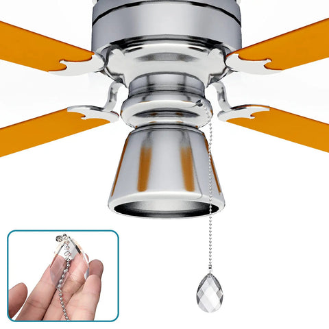 Crystal Glass Ceiling Fan Pull Chain Set, 2 Pack With 20 Inch Extensions, showing clear crystal pull chain and fan attachment