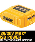 12V And 20V Max USB Charger With Two Ports And State Of Charge Indicator For The Job Site on yellow housing