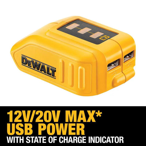12V And 20V Max USB Charger With Two Ports And State Of Charge Indicator For The Job Site on yellow housing