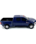 Blue realistic Ram 3500 Mega Cab Dually truck toy side view with trailer hitch, 1:20 scale model for kids' farm play