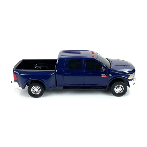 Blue realistic Ram 3500 Mega Cab Dually truck toy side view with trailer hitch, 1:20 scale model for kids' farm play
