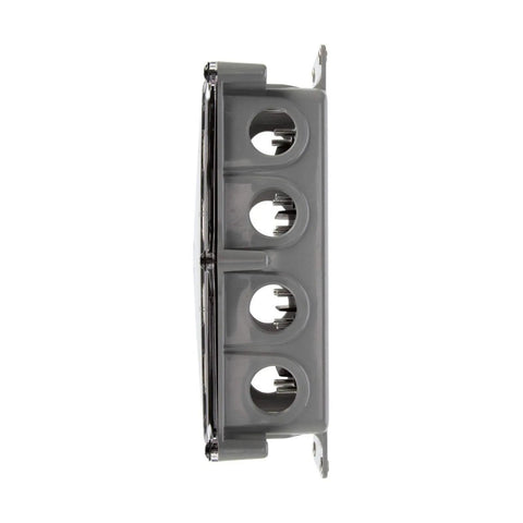 12 Port Junction Box Kit 50600 With Big Easy Access Wiring Box, Silicone Gasket Lid Keeps Moisture And Corrosives Out, Reinforced Mounting With Four Eyelet Holes, 12 Pre-Tapped Holes For Quick And Clean Wire Connections. Side view of gray ABS 12-port junction box with clear lid and mounting ears