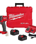 Compact Brushless Impact Wrench With 3/8 Inch Drive And Friction Ring featuring tool, batteries, and charger in a red carrying case