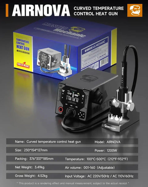 Display of Beastly 1200W Smart Hot Air Rework Station with flare nozzle and curved temperature control, packaging shown.