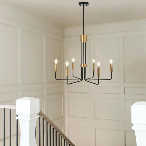 Black And Gold Modern Chandelier With Six Light Arms For Dining Room Farmhouse Style Hanging Light Fixture In Hallway View