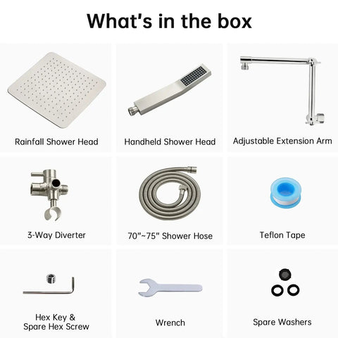 Box contents showing parts of 12 Inch Rainfall Shower Head With Handheld Spray Combo In Brushed Nickel, including hose and diverter.