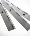 Close-up of Stainless Steel Long Piano Hinge 6 Inch To 20 Inch Set, rustproof, marine grade, 30mm wide, pack of two.