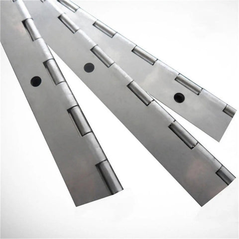 Close-up of Stainless Steel Long Piano Hinge 6 Inch To 20 Inch Set, rustproof, marine grade, 30mm wide, pack of two.