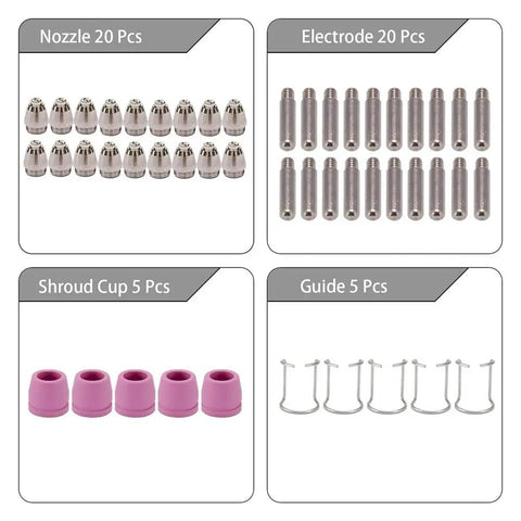 Premium Ag60 G55 Wsd60 Plasma Cutting Torch Tip Nozzles Consumables Kit With 50 Pieces showing nozzles, electrodes, shroud cups, and guides.