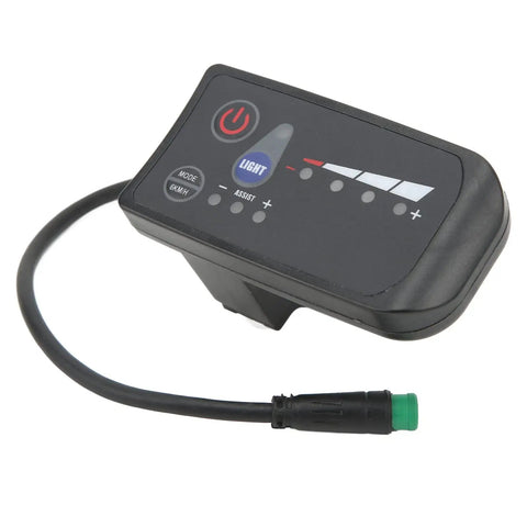 5 Pin Electric Bike Power Display Meter With LED Readout, universal handlebar panel showing battery level and status readout.