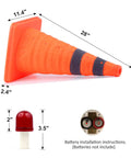 28 Inch Collapsible Traffic Cones Two Pack With LED Lights And Reflective Collar dimensions and battery installation details