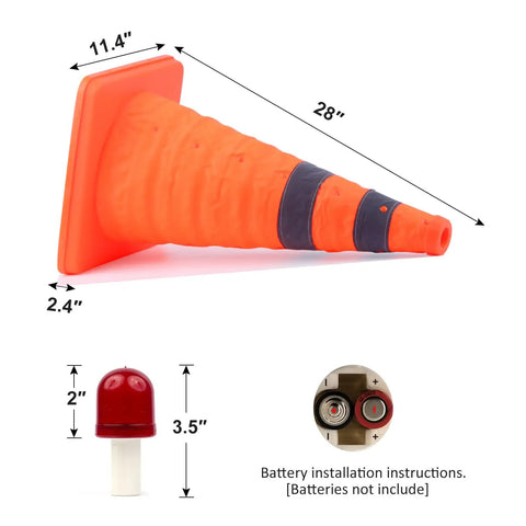 28 Inch Collapsible Traffic Cones Two Pack With LED Lights And Reflective Collar dimensions and battery installation details