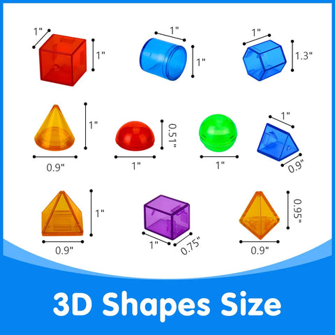 3D Shapes Size Chart from 60 Piece 3D Shapes Kit For Teaching Geometric Solids For Kids, Translucent Light Table Manipulatives