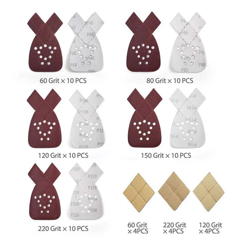 No Fuss Mouse Sander Sanding Pads Set, 50 Pack With 60 80 120 150 And 220 Grits, showing various grits and pad quantities