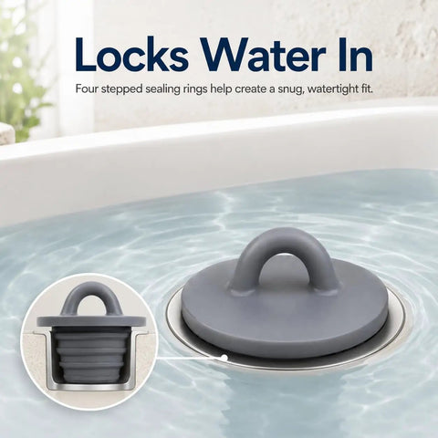 Universal Silicone Drain Plug Set For Bathtub And Bathroom Sink Features A Smooth Ring Grip Handle That Locks A Tight Vacuum To Trap Hair Dirt And Bad Smells While Knocking Out Clogs With Zero Extra Hustle, shown in water with a snug fit.