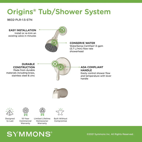 Origins One Handle Tub And Shower Faucet Kit With Satin Nickel Finish features, including showerhead and pressure balancing valve.