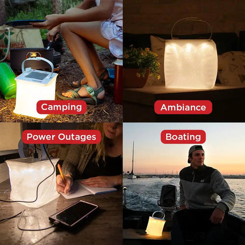Two In One Solar Camping Lantern And Phone Charger Inflatable LED Light for camping, ambiance, power outages, boating.
