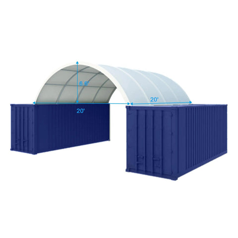 20x20 Ft Open Canopy Shelter With No Interior Pole Heavy Duty 18 Oz PVC Build, between two cargo containers