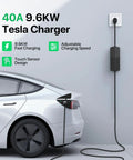 40 Amp Level 2 EV Charger With 50 Foot Mobile Cord For On The Go Home Charging 14-50 Outlet Portable EV Charging Station Compatible With Tesla Hyundai Ioniq Kia EV Models No Install Needed charging a Tesla vehicle