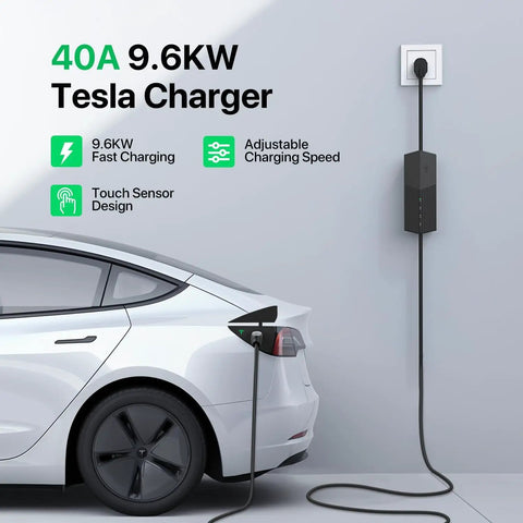 40 Amp Level 2 EV Charger With 50 Foot Mobile Cord For On The Go Home Charging 14-50 Outlet Portable EV Charging Station Compatible With Tesla Hyundai Ioniq Kia EV Models No Install Needed charging a Tesla vehicle