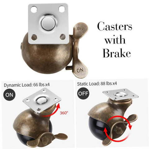 Vintage Brass Furniture Casters 2 Inch Heavy Duty Swivel Wheels With Rock Solid Brakes For Workbenches shown with braking mechanism.