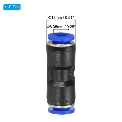 One Quarter Inch Push To Connect Air Hose Fittings Set Of 10 Quick Release Pneumatic Connectors Straight Union Two Way Couplers For Tubing Blue Plastic Air Line Fittings For Home Shop DIY Projects single connector front view