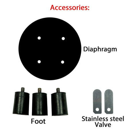12V DC air pump diaphragm accessories: round black diaphragm with four holes, three feet, and two stainless steel valve plates.