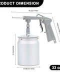 Heavy Duty Pneumatic Undercoating Spray Gun With 33 Oz Suction Feed Cup dimensions shown, aluminum alloy construction for truck protection.
