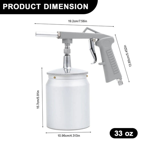Heavy Duty Pneumatic Undercoating Spray Gun With 33 Oz Suction Feed Cup dimensions shown, aluminum alloy construction for truck protection.