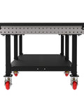 Robust Welding Fixture Workbench With Spacious Bottom Shelf And Easy Roll Handle features laser cut grid and locking casters.